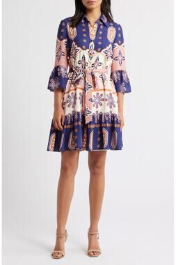 NWT Julia Jordan Navy Multicolor Floral Print Tie Waist Shirtdress Ruffle Hem L